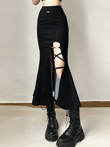

skirts zoki gothic black slit mermaid women fashion hollow out high waist midi streetwear harajuku all match summer 230420