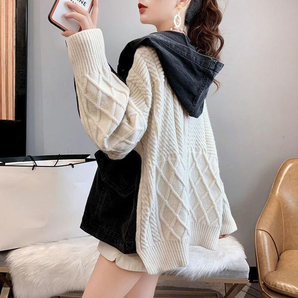 

sweaters women's autumn winter vintage knitting hoodie long sleeve casual cardigan female fashion patchwork office ladies sweaters a37, White;black