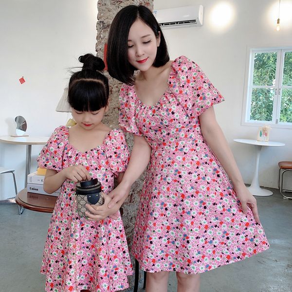 

family matching outfits summer mom and daughter dresses floral family matching clothes mum and baby girl clothing summer women short sleeve, Blue