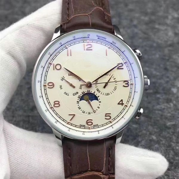 

men's leather automatic mechanical stainless steel bracelet watch sports mens self-wind moon stars watches wrist3340, Slivery;brown
