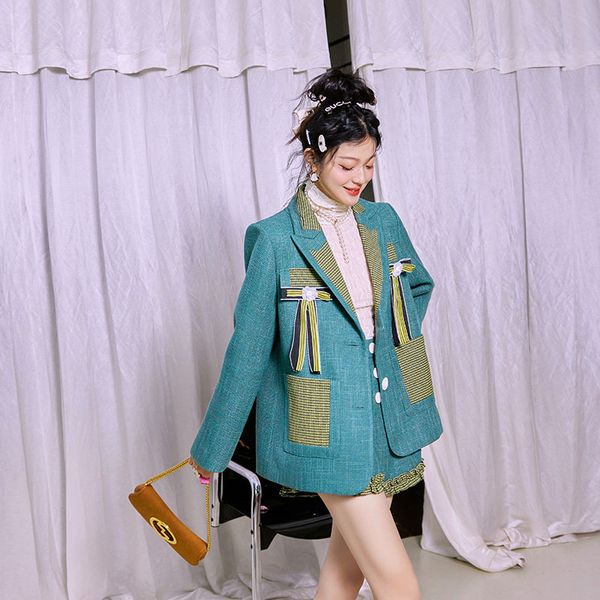 

women's suits & blazers patchwork green lapel collar coat long sleeve plaid blazer outerwear most popular colors ba02, White;black