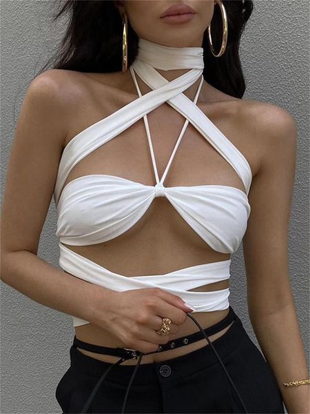 

t-shirt halter neck solid white crop women summer y2k hollow out camisole female fashion club wear sleeveless hole tank