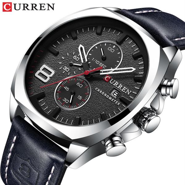 

luxury brand curren men's watch leather strap chronograph sport watches mens business wristwatch clock waterproof 30 m 20342w, Slivery;brown