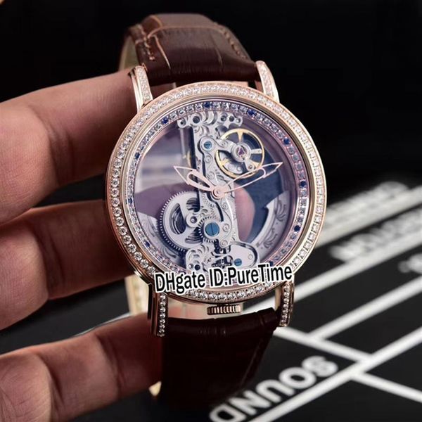 

new golden bridge 42mm rose gold diamond bezel inner skeleton dial automatic tourbillon mens watch sports watches brown leather c-252x, Slivery;brown