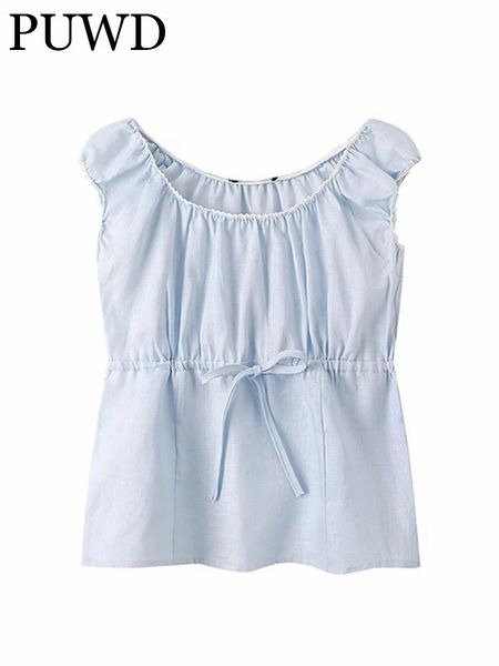 

tanks puwd cute girl slim blue tank 2022 summer fashion ladies sleeveless bow round collar short elegant women chic top, Black;white