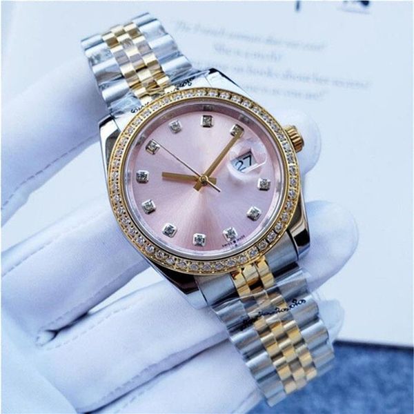 

luxury watch gold diamond bezel 36mm woman watches mechanical wristwatches sapphire pink dial two-tone stainless steel wristband304r, Slivery;brown