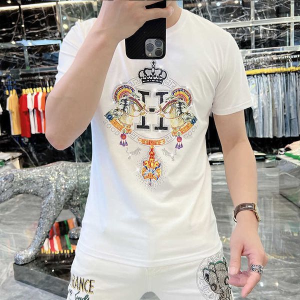 

2022 summer new fashion men's short sleeve t-shirt european round neck casual personality high-end h family diamond half t-shirt men, White;black