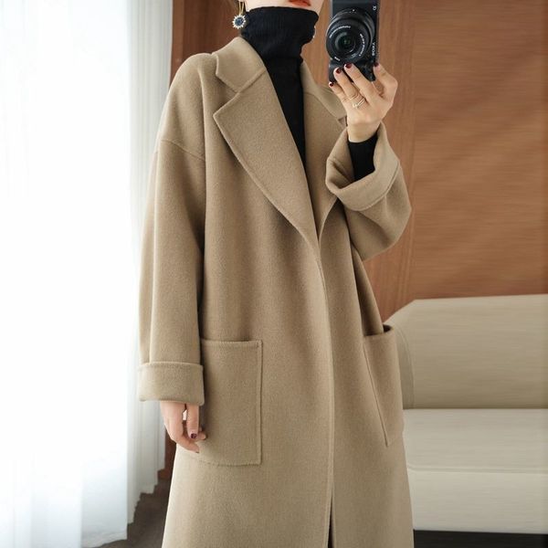 

double-sided woolen cashmere coat women wool long black slim wool cardigan