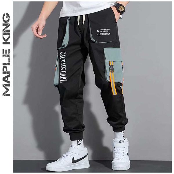 

men's pants joggers men cargo pants casual hip hop contrast side pockets mens track sweatpants fashion ribbons male harajuku trousers j, Black