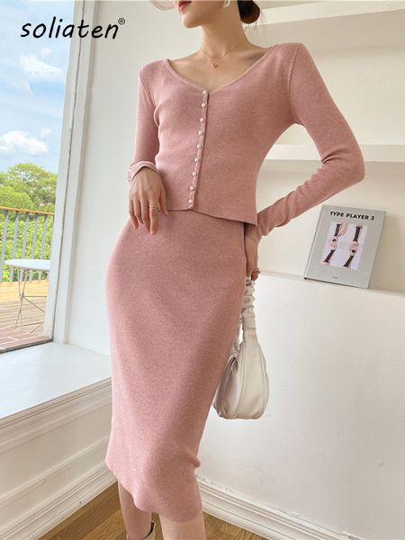 

two piece dress women knitted two piece sets long sleeve sweater cardigan and high waist pencil skirt suits c-115 230421, White