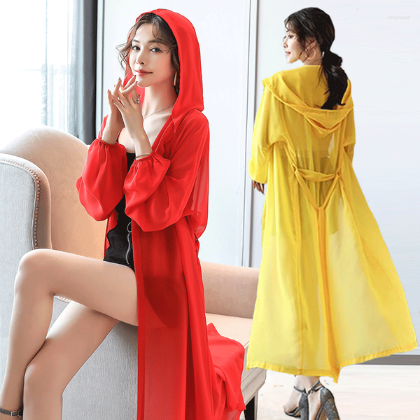 

Women' Blouses Chic Elegant Slim Summer Sunscreen Women Long Style Hooded Chiffon Thin Coat Casual Loose Cardigan Shirt Trend Top M56, Pink