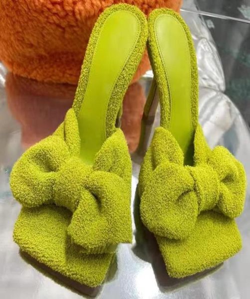 

2022 designer sandals women high heel slippers square toe coral velvet bowknot mules summer runway vacation ladies sandals woman m4643626, Black