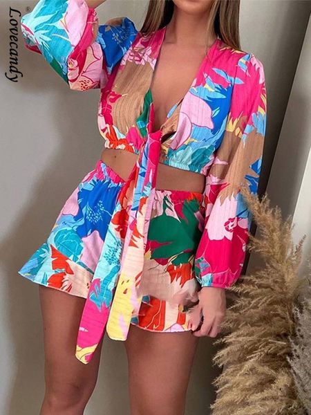 

dress women casual printed long sleeve crop shorts sets 2022 female lace up v neck shirts and ruffled shorts two piece set, White