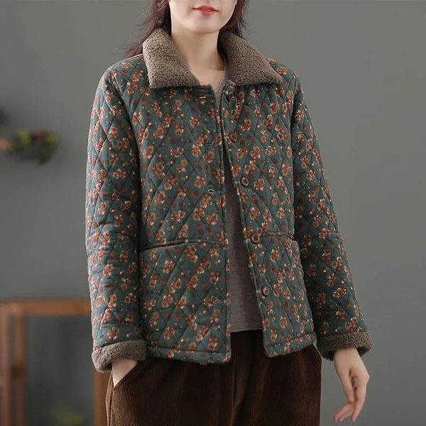 

leather printed quilted plus velvet cottonpadded jacket women's winter 2021 new thick padded jacket loose floral warm coat, Black