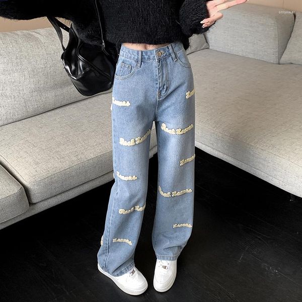 

Women' Jeans Harajuku Vintage High Waisted Pants Y2K Aesthetics Indie Women Embroidery Korean Streetwear Trousers, Blue