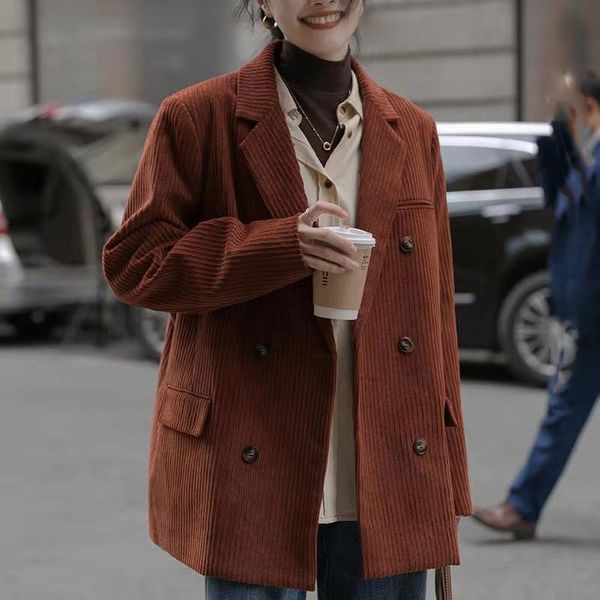 

pants lucyever corduroy double breasted blazers women 2021 autumn winter loose office suit coat ladies vintage solid women's jacket, White