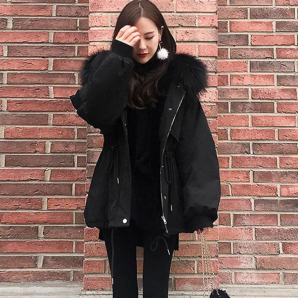 

leather down padded jacket women 2021 winter new midlength padded coat female student fur collar waist padded coat padded coat women, Black