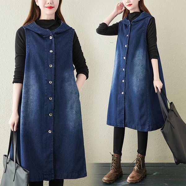 

vests 2022 new large size loose long denim sleeveless hooded vest outer wear women jacket single breasted casual jaqueta robes m1685, Black;white