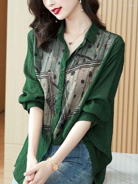 

Women's Blouses Women's Summer Print Patchwork Single Breasted Turn-down Collar Tees Loose Long Sleeve Cotton Comfortable Sunscreen, Green