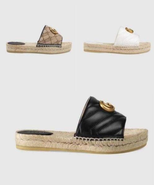 

designer summer platform casual sandals fashion golden letter flat bottom ladies fisherman shoes leather hemp rope grass lace wove4852594, Black