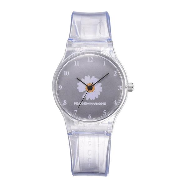 

small daisy jelly watch students girls cute cartoon chrysanthemum silicone watches transparent band grey dial wristwatches290a, Slivery;brown