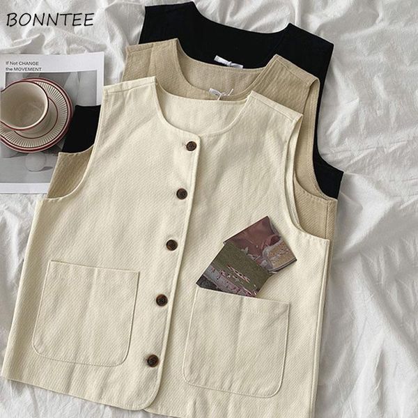 

vests vests women loose casual cropped solid oneck leisure spring autumn soft normcore style allmatch single breasted, Black;white