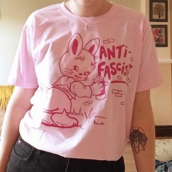 

t-shirt dreamchasejf anti fascist funny rabbit printed women graphic tshirt short sleeve cotton cute tees loose pacifist casual shirts, White
