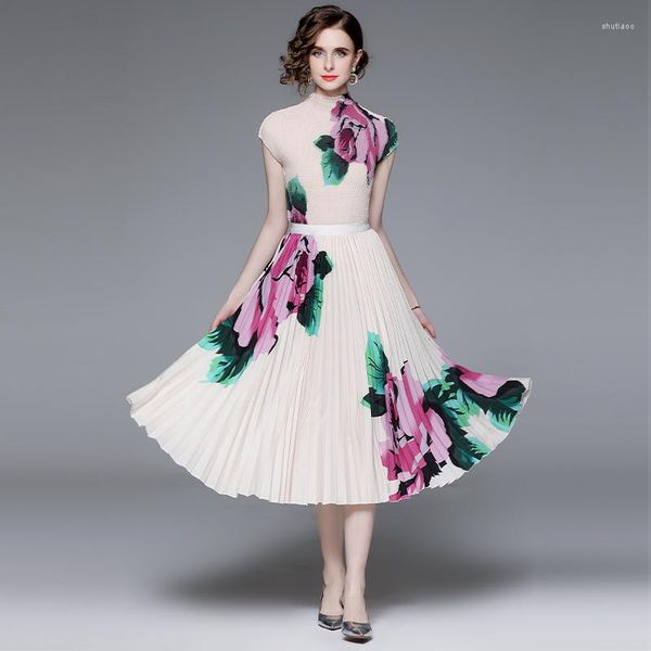 

work dresses summer floral print skirt 2 pieces set for women's elegant stand collar silm pleated midi suit ladies fashion outfits, White;black