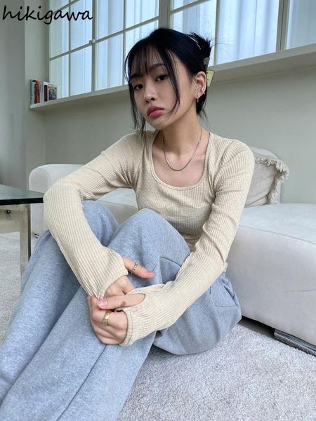 

t-shirt korean simple tshirt women square collar long sleeve tunic tees y2k fashion knit woman tshirts blusas mujer de moda 2022, White