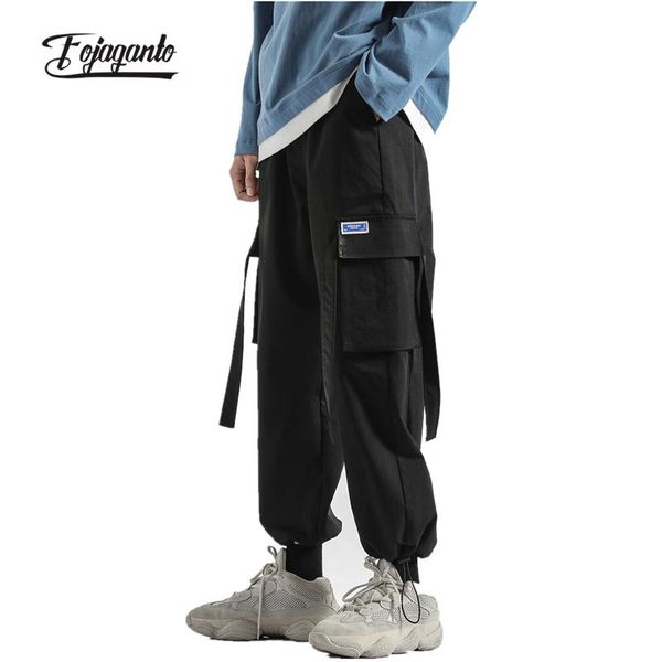 

pants fojaganto men's spring cargo pants street fashion multipocket ribbons pants hip hop trend loose pants male, Black