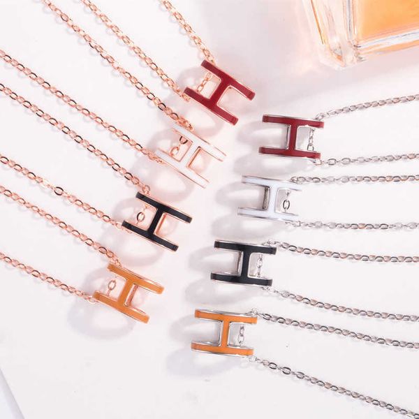 

designer herms's s925 sterling silver h-letter necklace women's enamel colorful dropping oil pendant rose gold short jewelry, Black