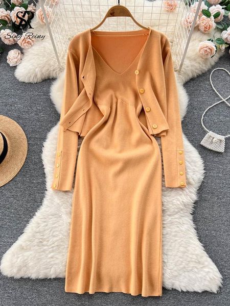 

dress singreiny casual knitted two pieces suits short cardigan+ long camis dress set women sweet knit sets autumn sweater sets, White