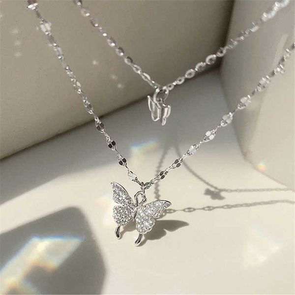 

pendant necklaces silver colour shiny butterfly necklace for women fashion double layer pendant clavicle chain necklace wedding party jewelr