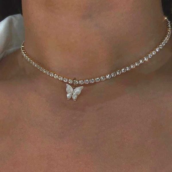 

pendant necklaces new butterfly pendant choker necklace rhinestone chain white pink color acrylic simple clavicle necklace animal fashion je, Silver