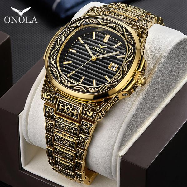

onola brand vintage golden watch male 2019 fashion cusual quartz wrist watch day date gold luxury classic designer man watch333y, Slivery;brown