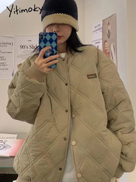 

leather yitimoky parkas women argyle baseball jacket casual long sleeve warm parkas 2022 new fashion winter coat women female outwear, Black