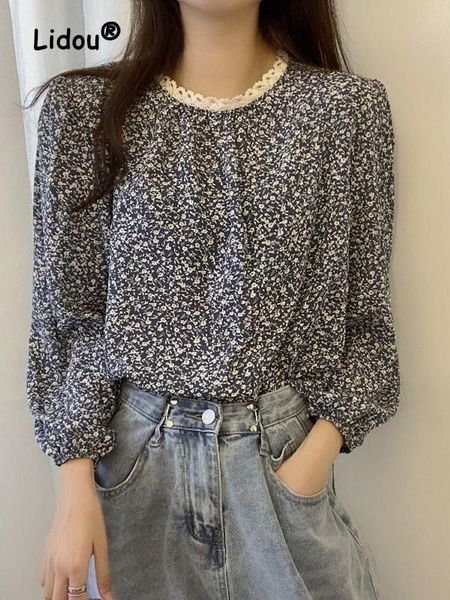

t-shirt elegance lace patchwork floral blouse women new long sleeve ocollar loose office fashion temperament chiffon pullover shirt, White