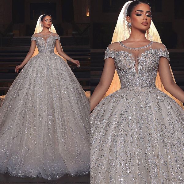 

elegant wedding dresses sequin appliques lace bridal gowns custom made capped sleeves sweep train vestidos de novia, White