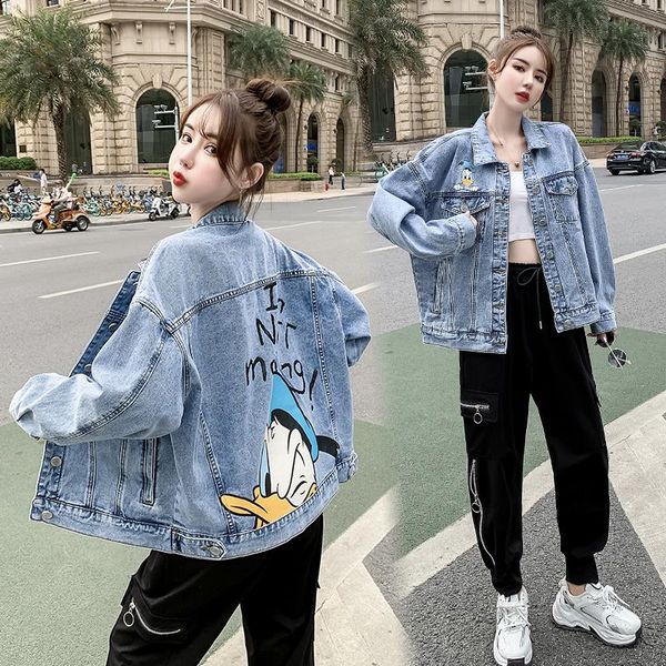 

sweaters women's spring jacket cartoon denim jackets loose lady streetwear long outwear quilted coats oversized casual jean jacket wome, White;black