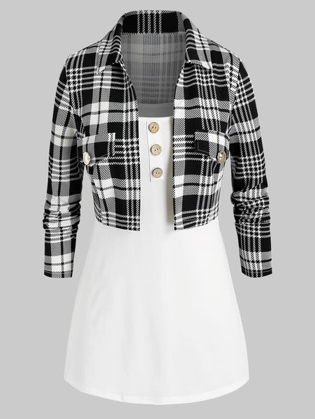 

t-shirt open front plaid and camisole twinset twopiece suit tshirts casual long sleeve loose women tunic tees, White