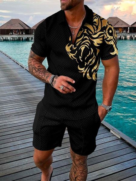 

mens tracksuits fashion men set streetwear 3d digital printing short sleeve polo shirt shorts suit summer harajuku sportswear mens clothing, Gray