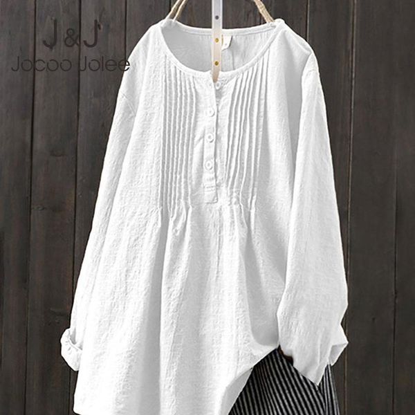

t-shirt jocoo jolee women autumn casual long sleeve o neck loose blouse vintage harajuku solid cotton and linen shirt oversized, White