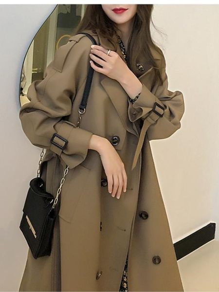 

women's trench coats spring autumn women casual solid color coat korean office warm elegant belted vintage overcoats windbreaker plus s, Tan;black