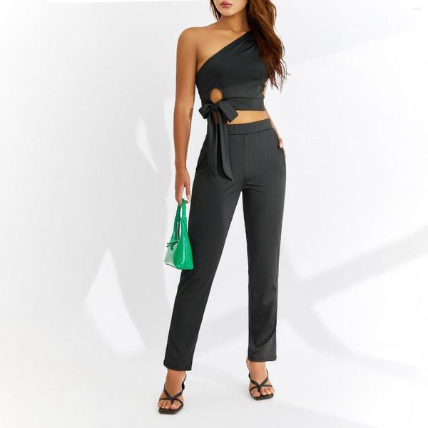 

Women' Two Piece Pants Elegant Fashion Two-Piece Suits For Women Summer Sleeveless One Shoulder Crop Tank Tops High Waist Straight Leg Sets, Black