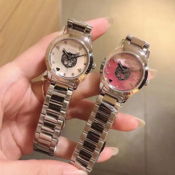 

38mm charm timeless interlocking g wristwatch women men couple quartz clock animal pattern cat watches stainless steel heart bee s2769, Slivery;brown