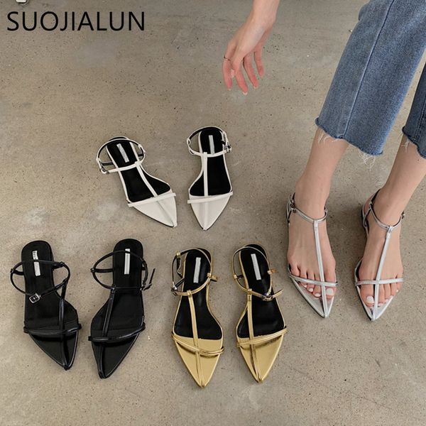 

sandals suojialun brand women sandal fashion narrow band flat heel ladies gladiator shoes pointed toe ankle buckle zapatos muje 230421, Black