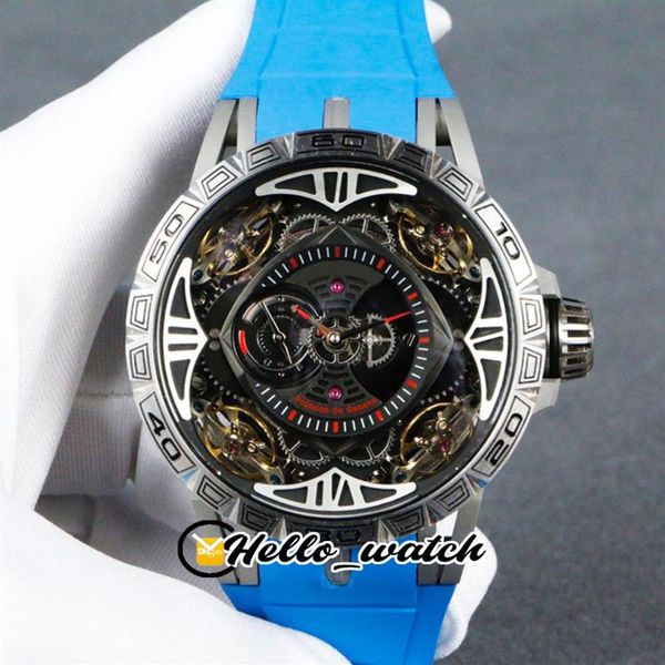 

version new excalibur 46 rddbex0571 automatic mens watch tourbillon skeleton dial steel case blue rubber sport watches hello 267u, Slivery;brown