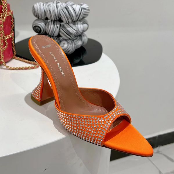 

high amina heel muaddi slippers fashion designer women sandals pointed toe open toe 9.5cm wine cup heels with satin rhinestone decoration ca, Black