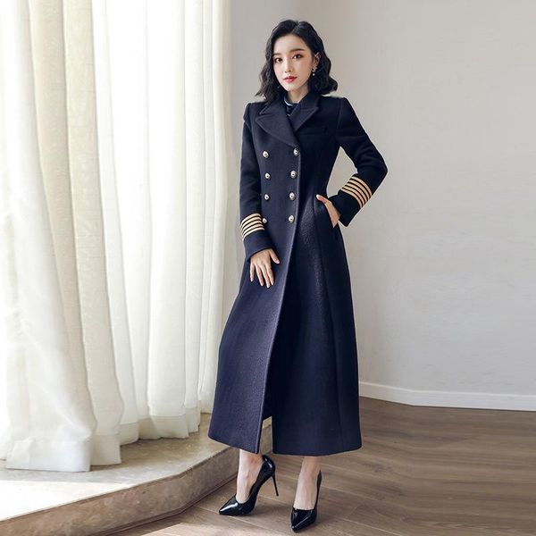 

fur autumn winter new navy blue double breasted lapel woolen coat uk classic military style slim women long woolen coat manteau, Black