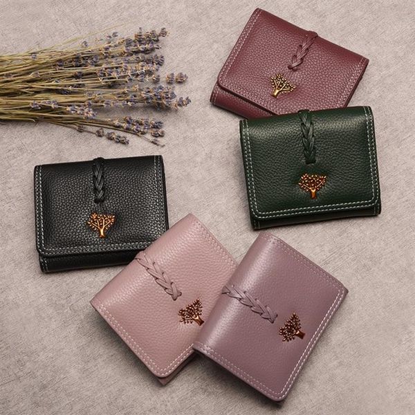 

2019 leather wallet small woman's wallet mini soft cowhide short pure color credit card wallets & holders black da267i, Red;black